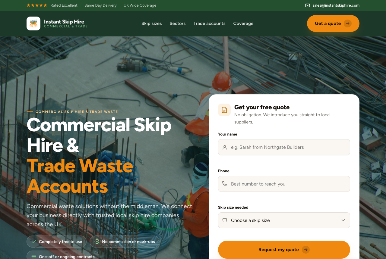 The ux-skill redesign of the Instant Skip Hire commercial page: dark green navigation, an amber accent, a construction-site hero photo, and a quote-request form on the right.