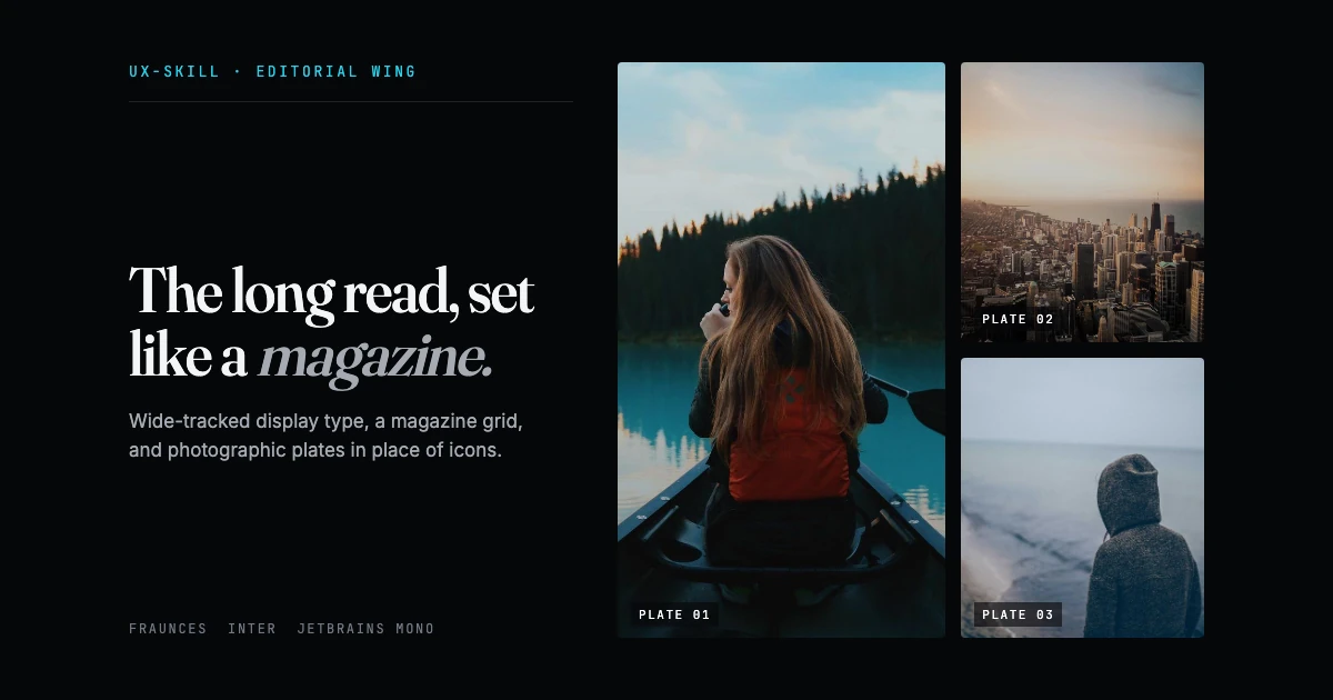 Editorial layout: a serif headline beside a magazine grid of three photographic plates