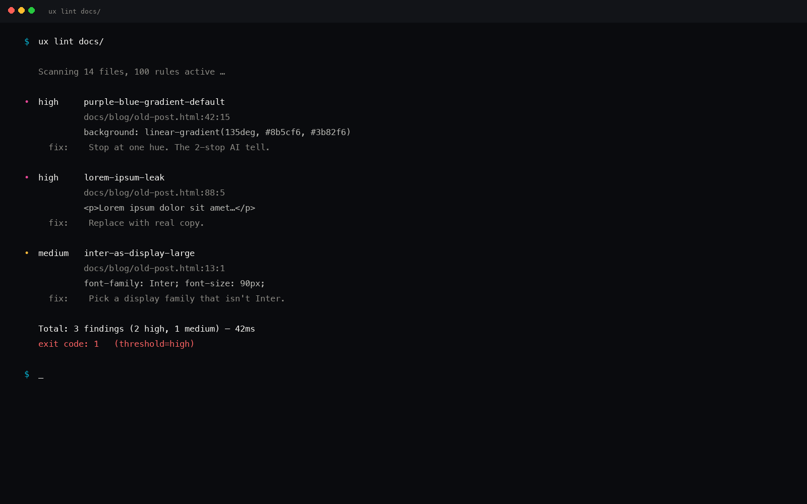 Terminal output of ux lint — findings with file:line, severity, why, fix